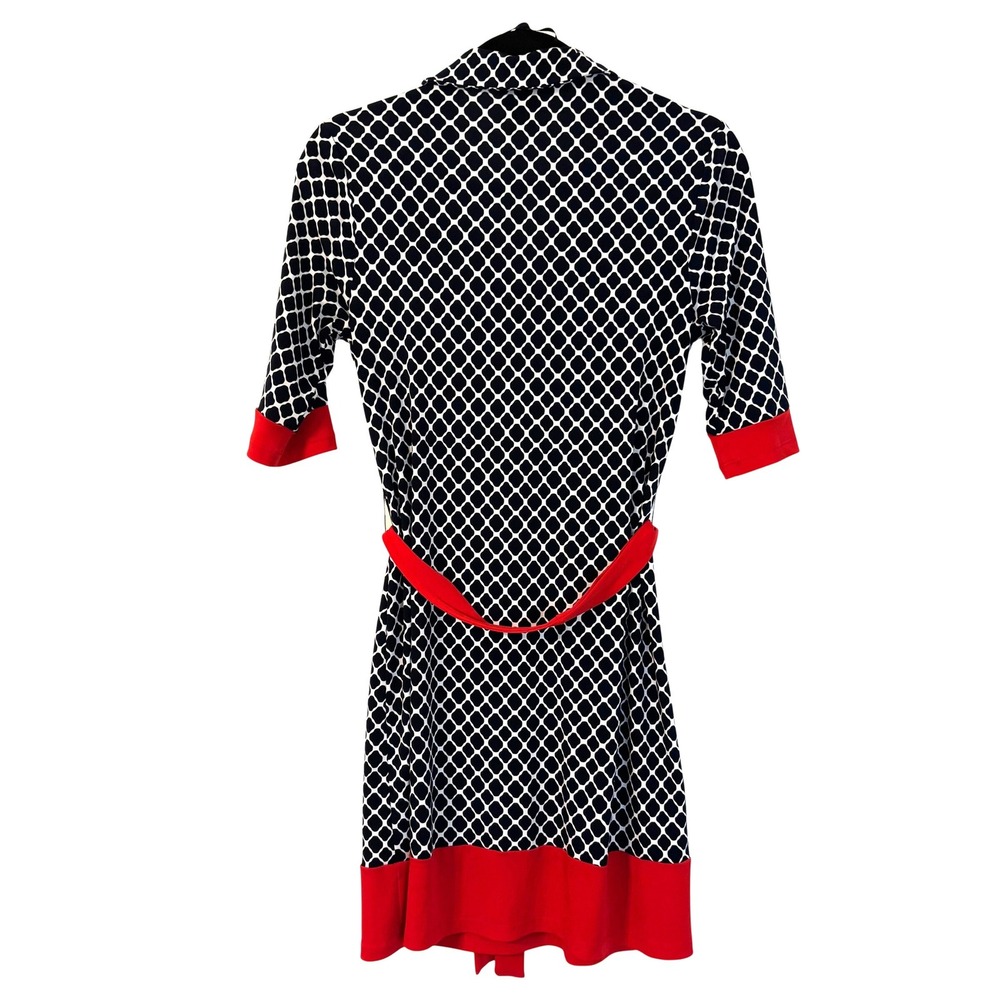 Navy White Geometric Print Sheath Dress Red Trim 4P Feminine Parisian Chic Retro - Picture 7 of 12